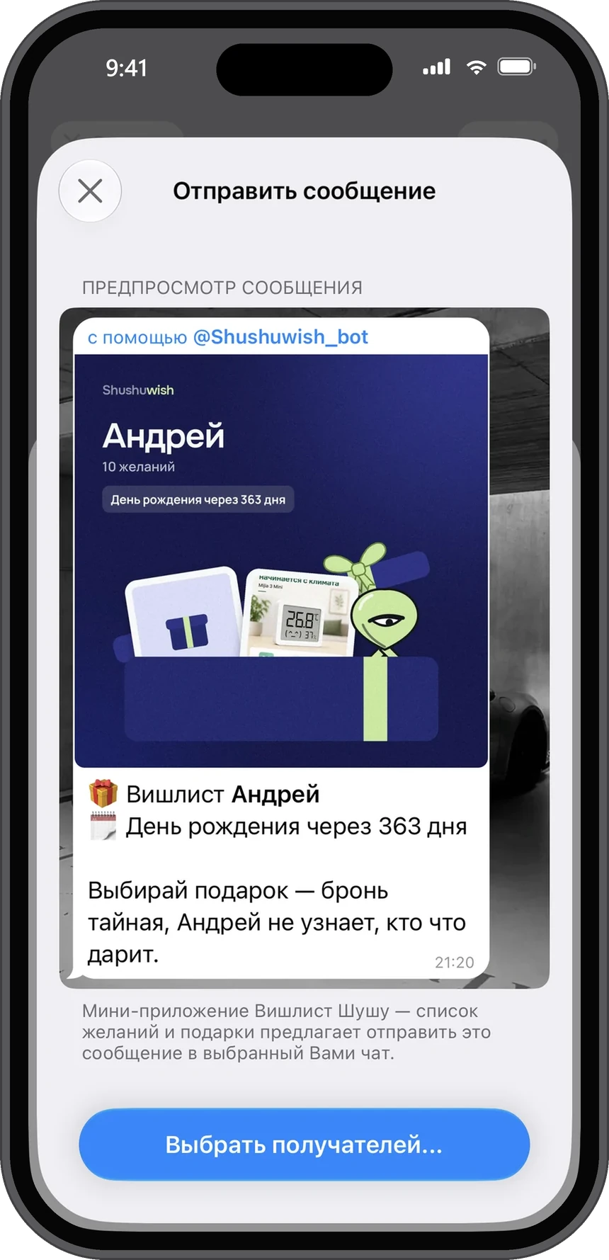Карточка вишлиста перед отправкой в чат: имя, число желаний, дни до праздника, Шушу в коробке, «бронь тайная»