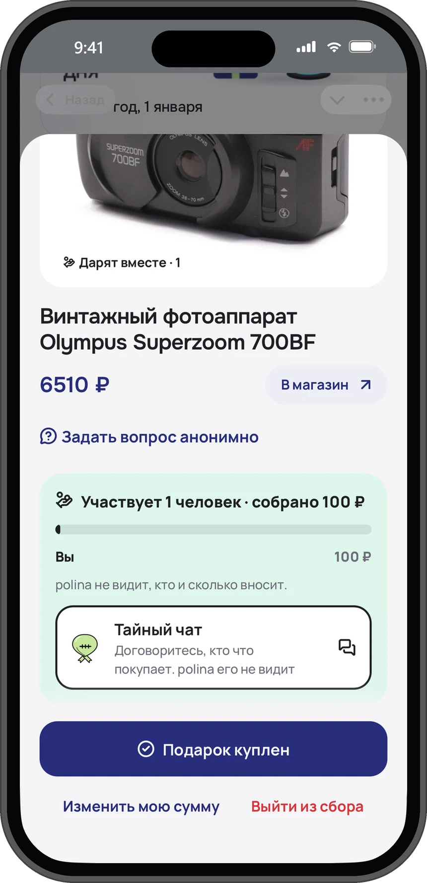 Складчина: сколько собрано, кто участвует, тайный чат, который не видит владелец