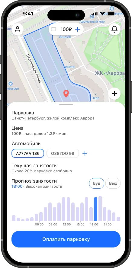 Карта с выбранной парковкой и прогнозом загрузки