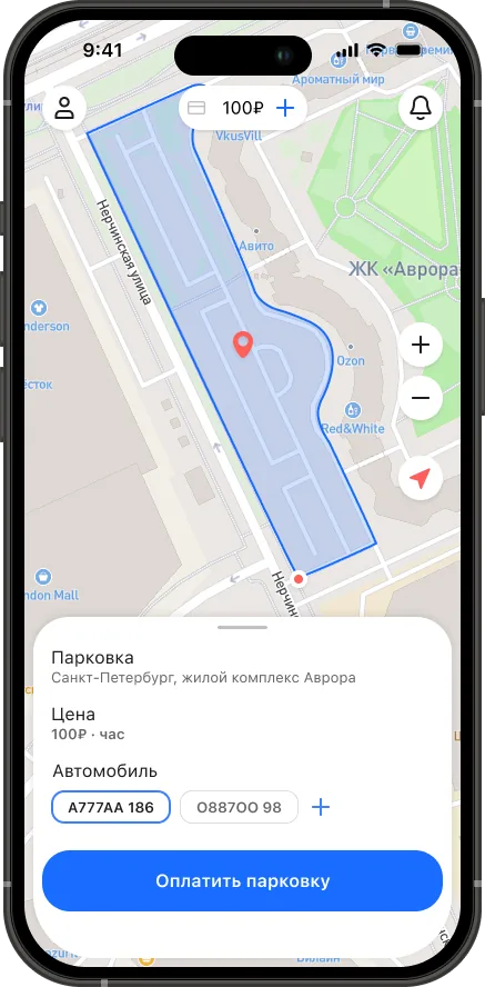 Карточка парковки поверх карты